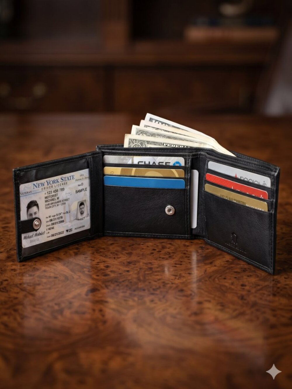 Leather Mens Wallet in Lambskin Leather, Black, Bifold Wallet